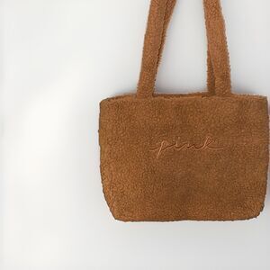 PINK Victoria's Secret Brown Berber Fleece Tote Bag Purse Sherpa Embroidered EUC